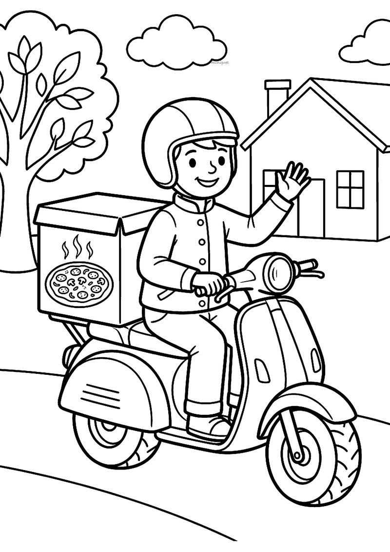 Kleurplaat van een zwaaiende pizzabezorger met helm op een scooter met een pizzadoos achterop, bij een huis en een boom