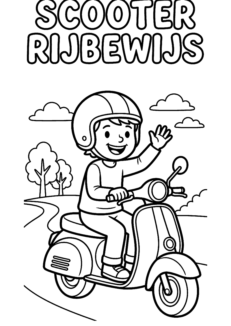 Scooter met Helm en Blij Kind of Tiener met Tekst Scooter Rijbewijs Geslaagd Kleurplaat — gratis kleurplaat
