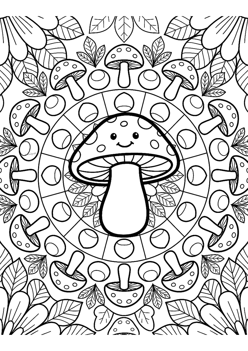 Kleurplaat van een herfstmandala met een lachende paddenstoel in het midden en ringen van nootjes en paddenstoelen