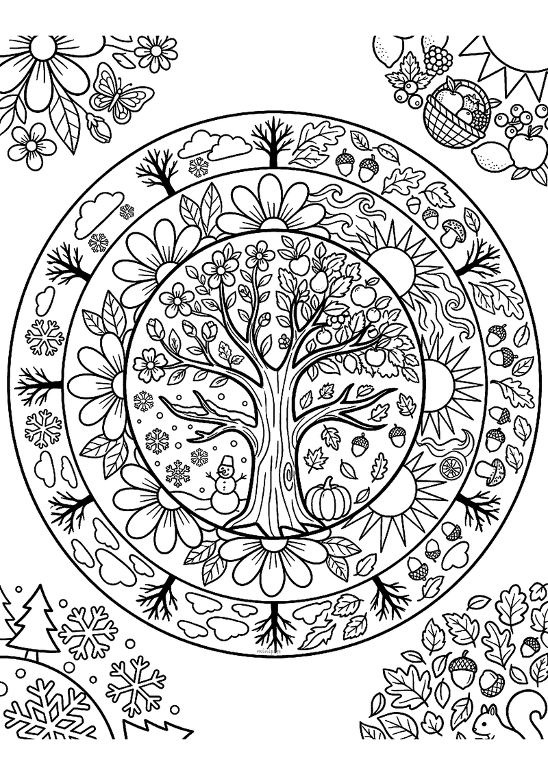 Kleurplaat van een ronde mandala met in het midden een boom die lente, zomer, herfst en winter laat zien