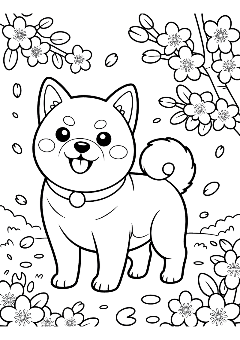 Kleurplaat van een lachende shiba inu puppy met krulstaart tussen takken vol kersenbloesems en vallende bloemblaadjes.