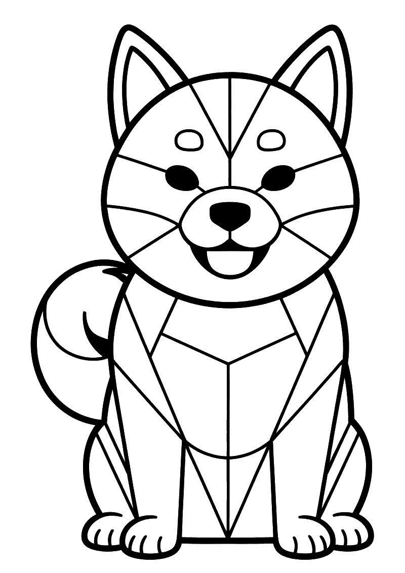 Kleurplaat van een shiba inu opgebouwd uit geometrische driehoeken en vormen in een mandala-stijl