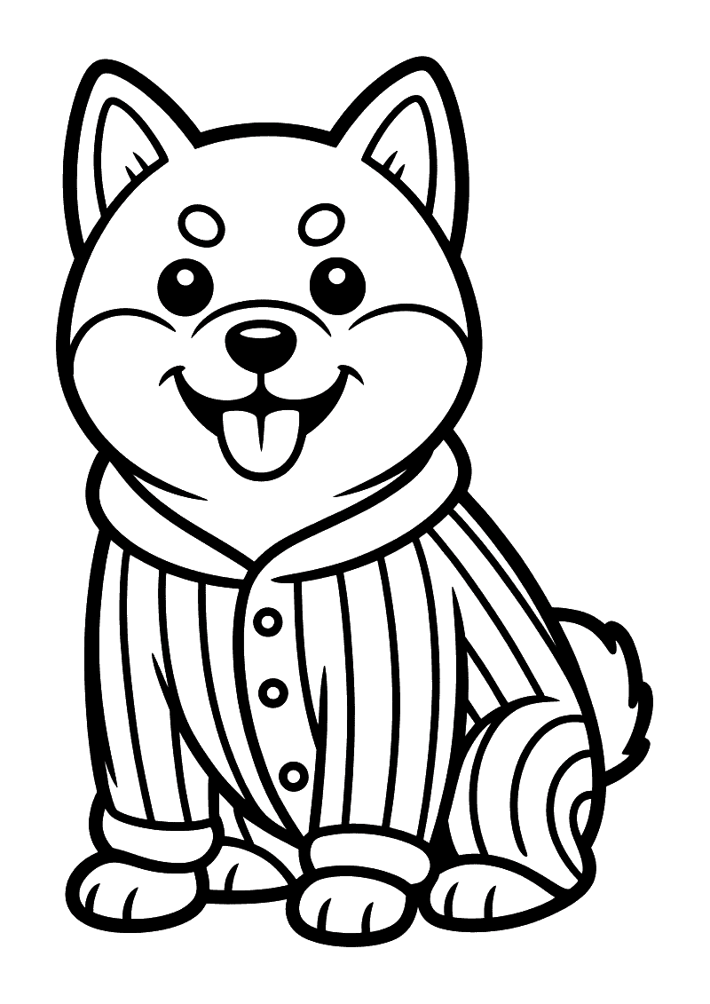 Kleurplaat van een shiba inu die een gestreepte pyjama draagt en klaar is om te gaan slapen