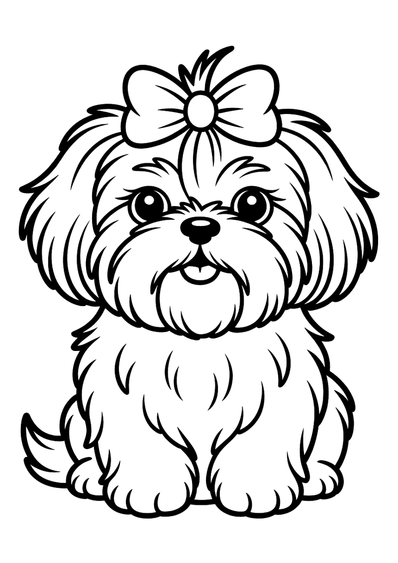 Kleurplaat van een verzorgde shih tzu met een grote strik bovenop zijn hoofd en lange zijdezachte vacht