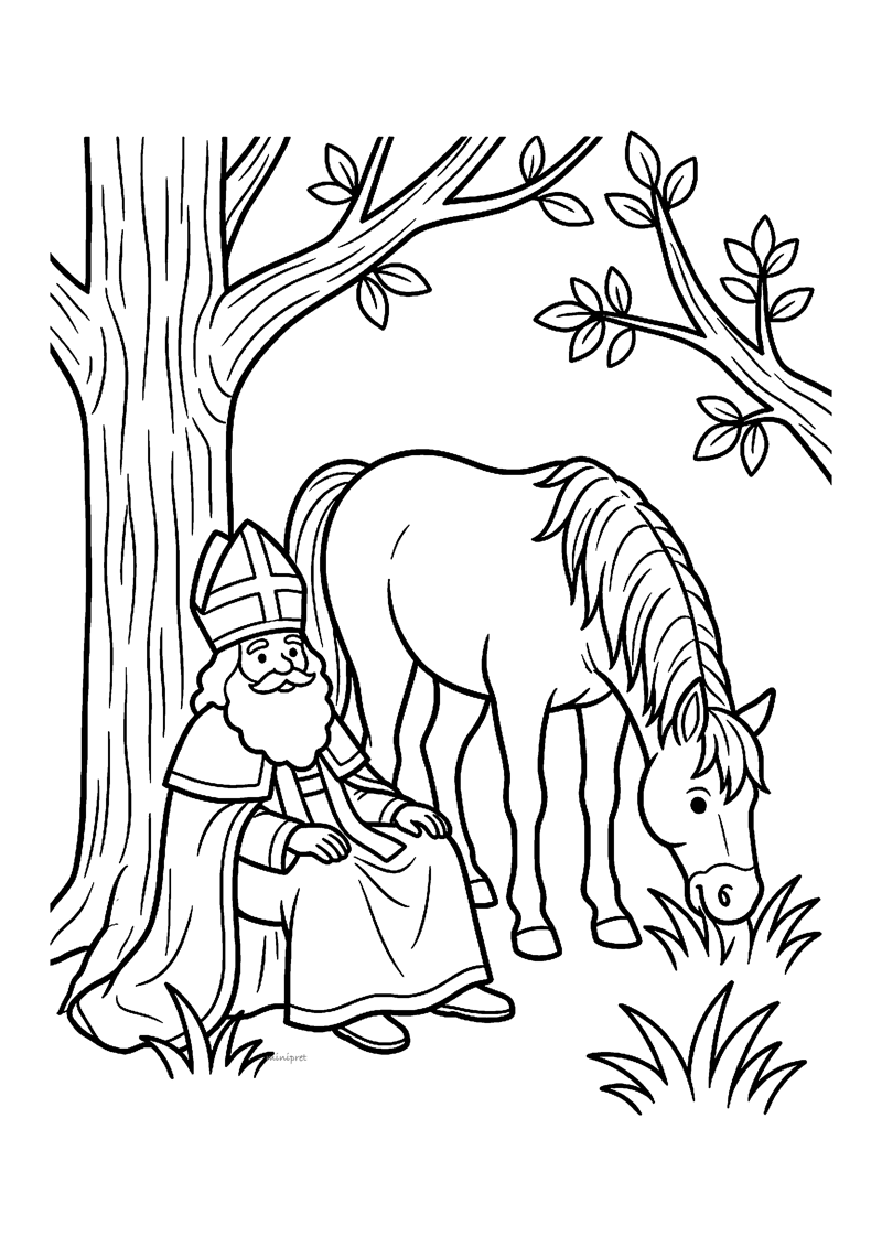 Kleurplaat van Sinterklaas die met zijn paard onder een grote boom met blaadjes rust