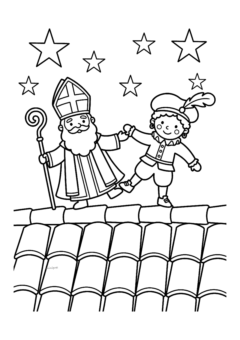 Kleurplaat van Sinterklaas en een Piet die hand in hand over een dak vol pannen lopen onder de sterren