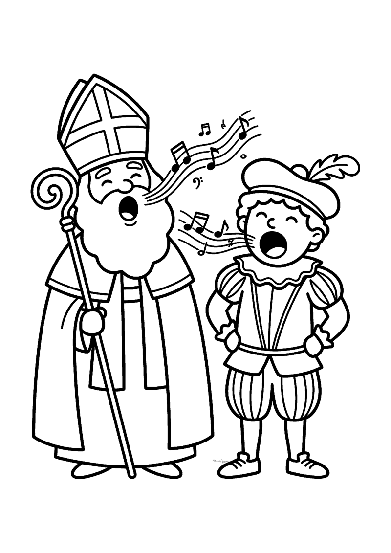 Kleurplaat van Sinterklaas en een Piet die samen zingen met muzieknoten tussen hen in