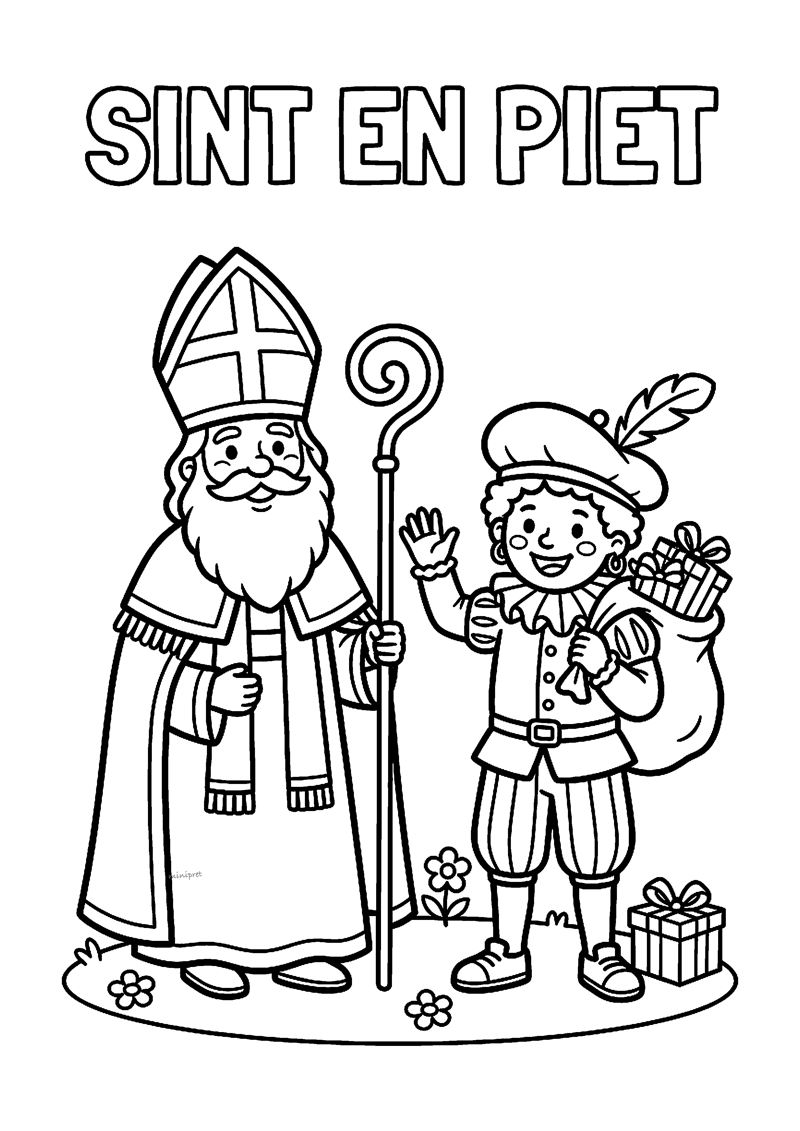 Kleurplaat van Sinterklaas met staf en Piet met cadeauzak en pakje, met tekst SINT EN PIET en bloemen