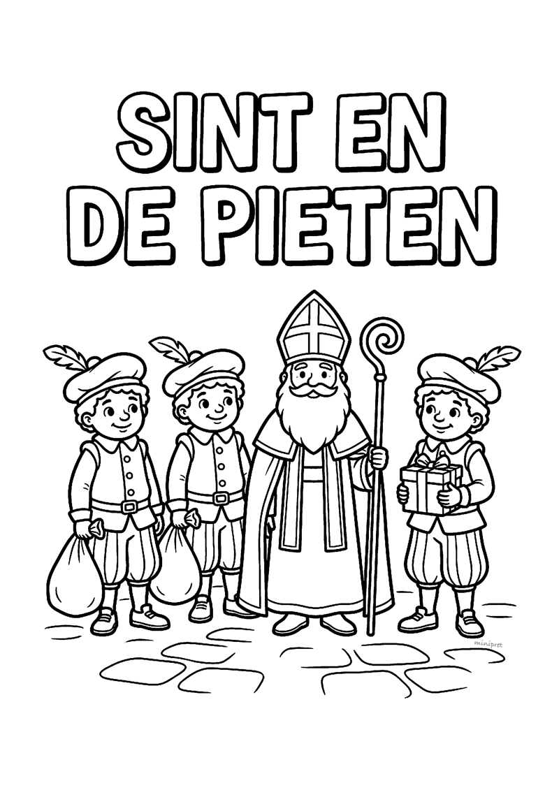 Kleurplaat van Sinterklaas in het midden met drie Pieten om hem heen en cadeaus en zakken bij hen