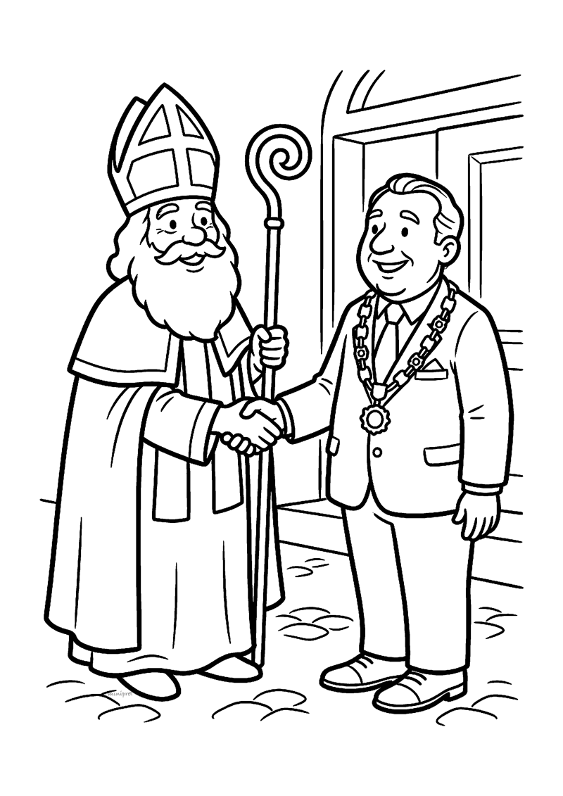 Kleurplaat van Sinterklaas die de burgemeester de hand schudt voor een gebouw, de burgemeester draagt een ambtsketen