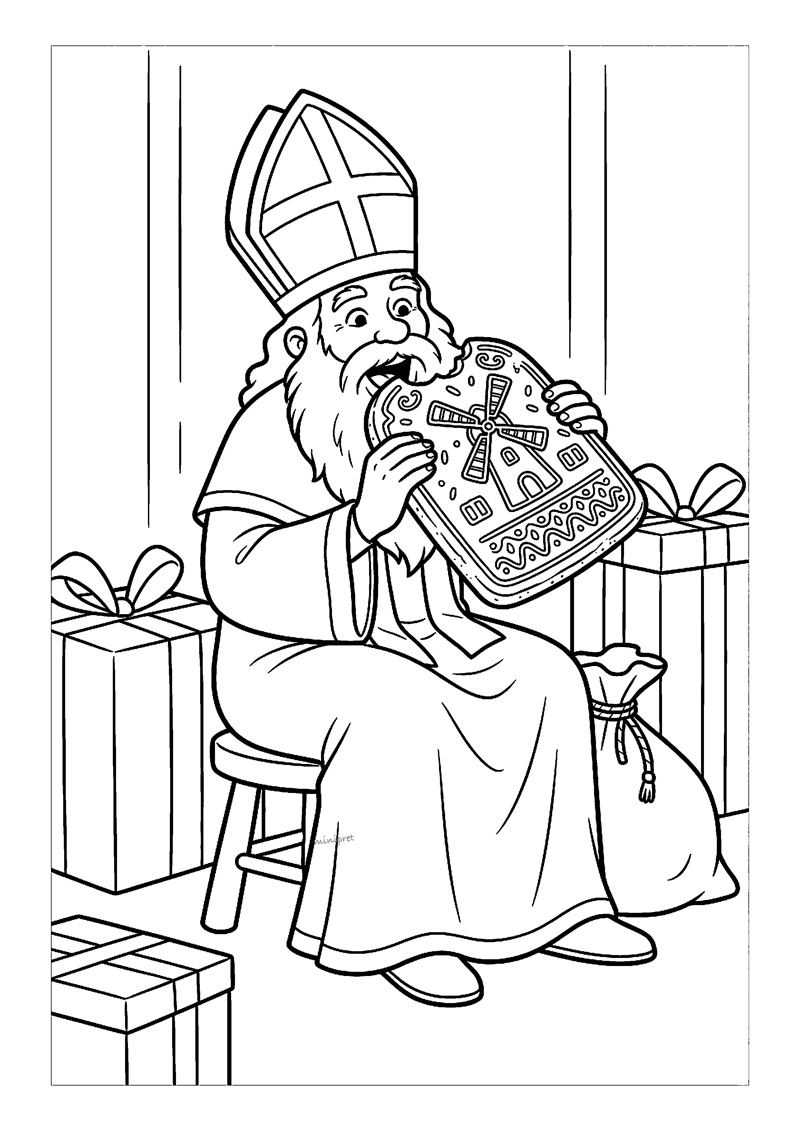 Kleurplaat van Sinterklaas die met gesloten ogen geniet en een speculaas naar zijn mond brengt