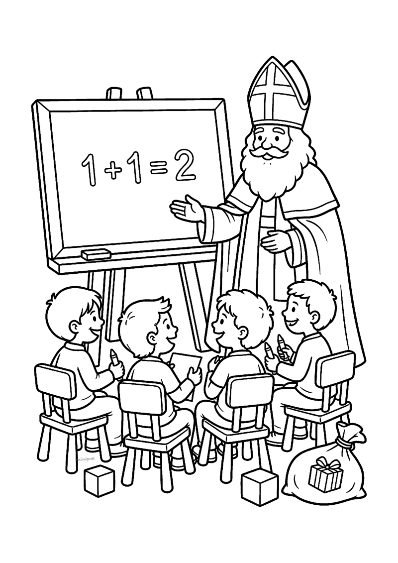 Kleurplaat van Sinterklaas die voor een schoolbord met 1+1=2 staat en vier kinderen op stoeltjes les geeft