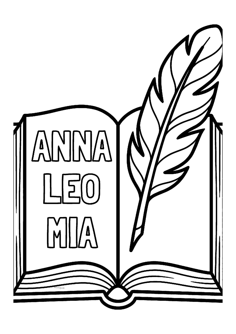 Kleurplaat van een groot geopend boek met namen ANNA, LEO, MIA en een grote veer als pen