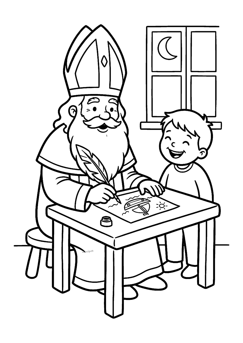 Kleurplaat van Sinterklaas die met ganzenveer een handtekening zet op een kindertekening aan een tafel
