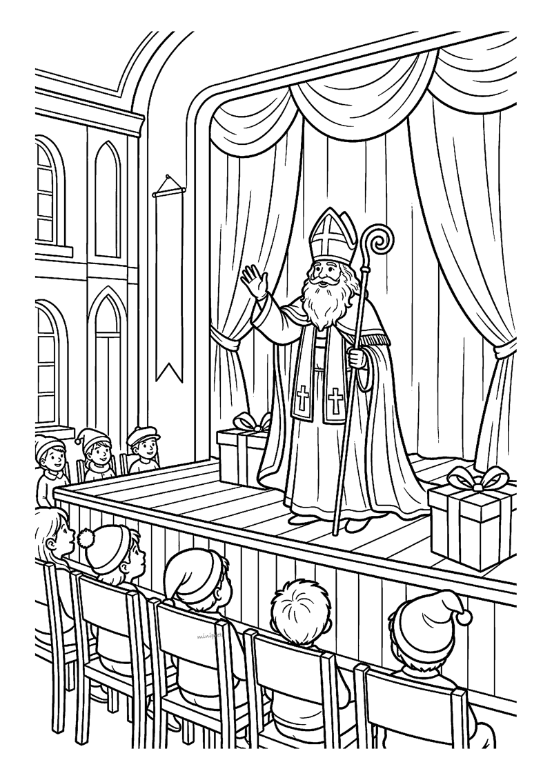 Kleurplaat van Sinterklaas die op een podium in een aula zwaait, met kinderhoofdjes in stoelen op de voorgrond