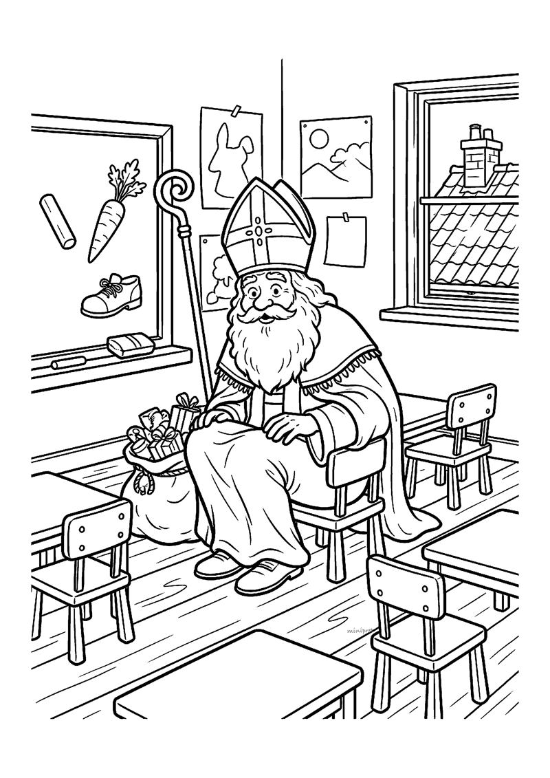 Kleurplaat van Sinterklaas die op een grote stoel in een klaslokaal zit met een zak ernaast en stoeltjes voor hem