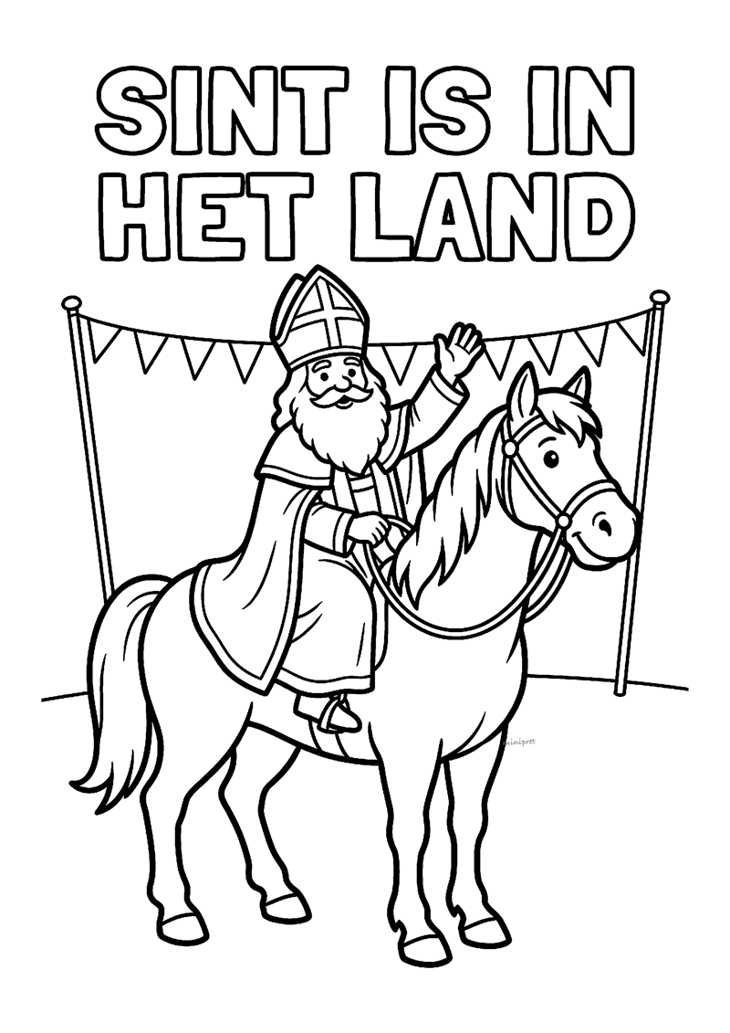 Kleurplaat van Sinterklaas op zijn paard onder een vlaggetjeslijn met titel SINT IS IN HET LAND
