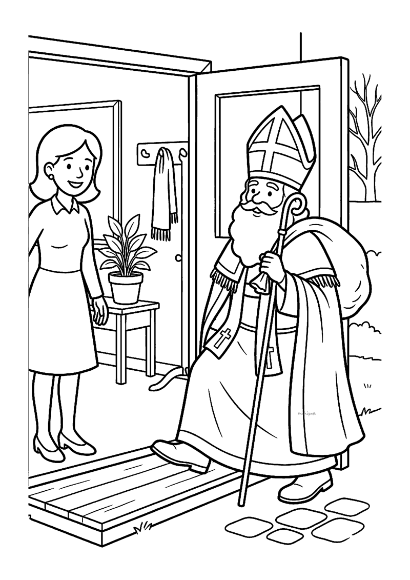 Kleurplaat van Sinterklaas die met staf een deur door komt waar een juf hem binnen zwaait, met plantje en kapstok