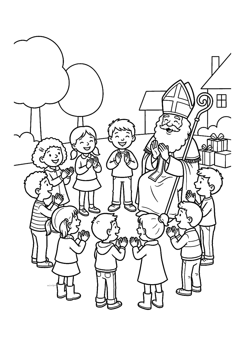Kleurplaat van Sinterklaas met staf omringd door dansende kinderen die in een kring om hem heen staan