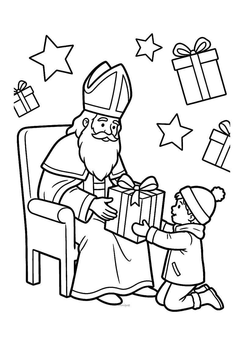 Kleurplaat van Sinterklaas in een stoel die een cadeau overhandigt aan een klein kind met muts, sterren rondom