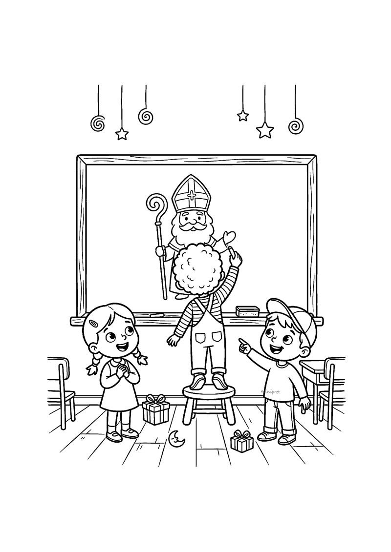 Kleurplaat van een kind dat een tekening van Sint op een schoolbord laat zien terwijl Sint op een krukje staat
