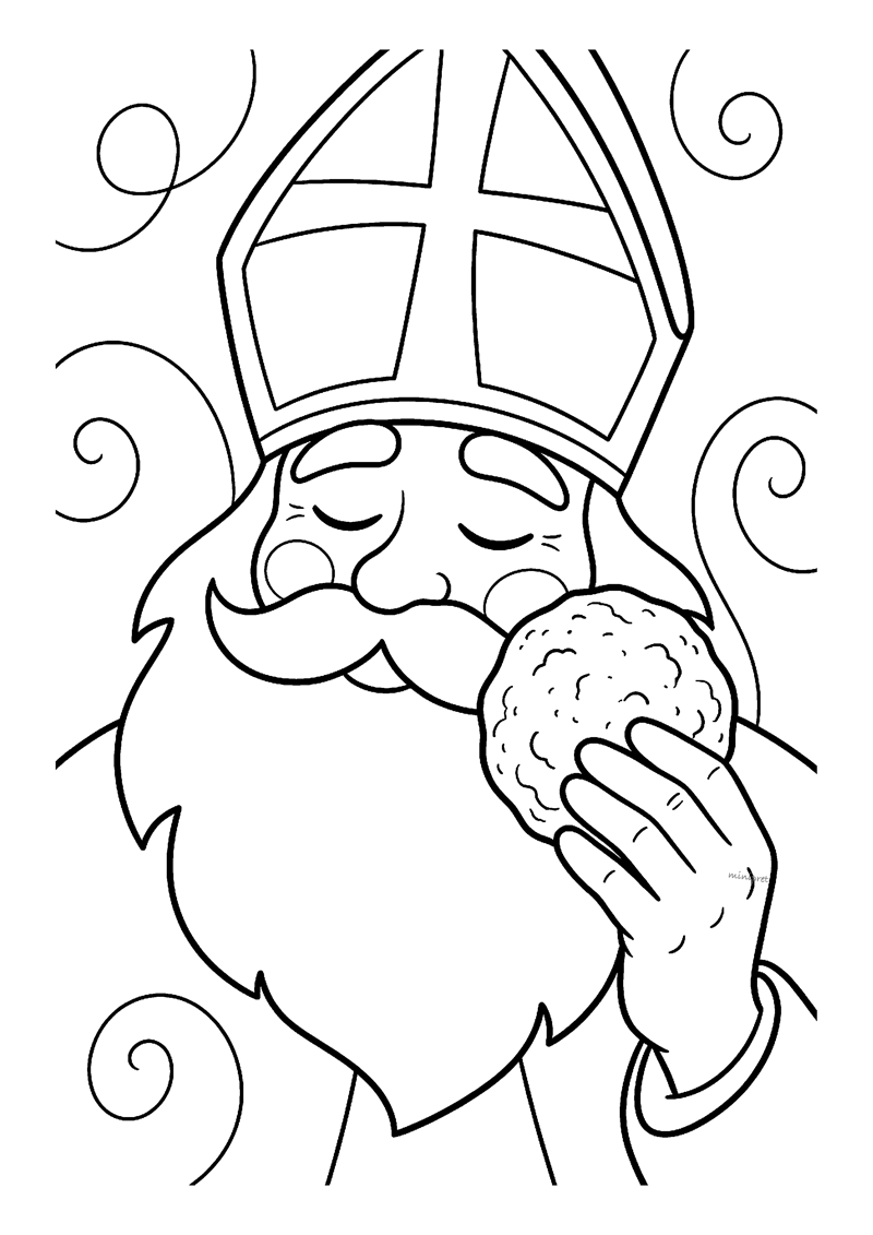 Kleurplaat van Sinterklaas met gesloten ogen die een grote ronde kruidnoot bij zijn baard naar zijn mond brengt