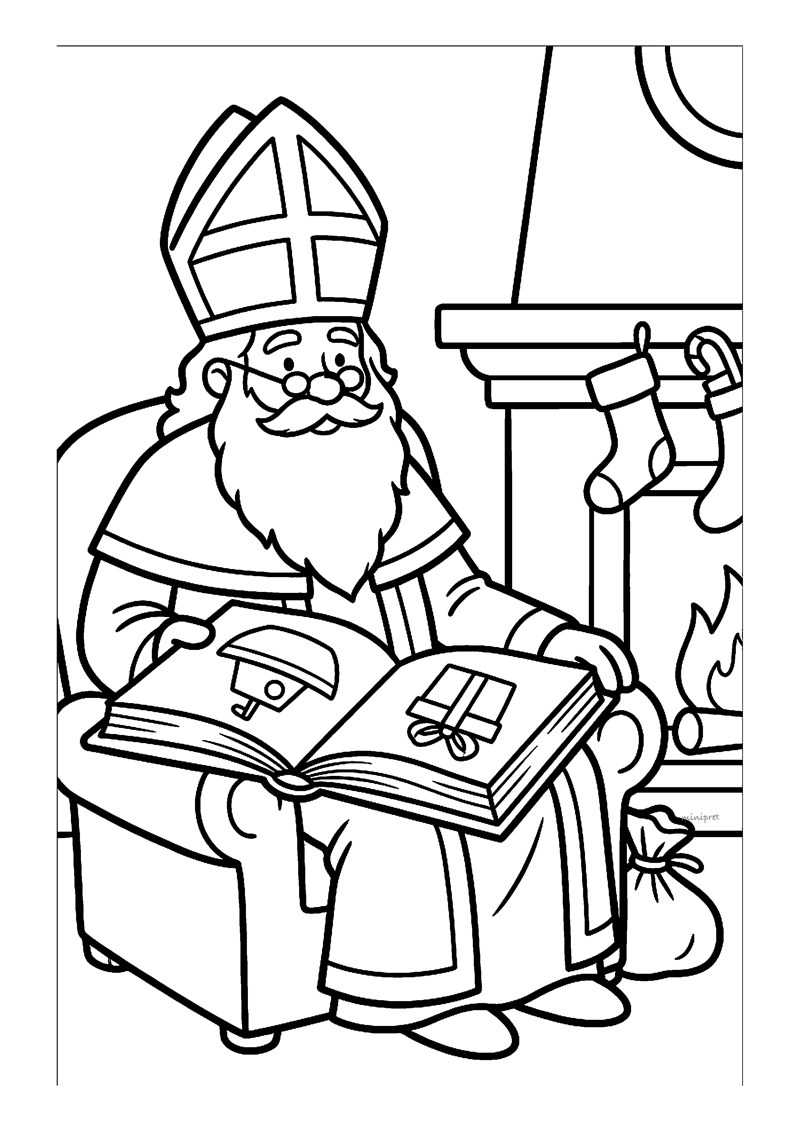 Kleurplaat van Sinterklaas die in een leunstoel zit en in een groot boek leest bij een open haard