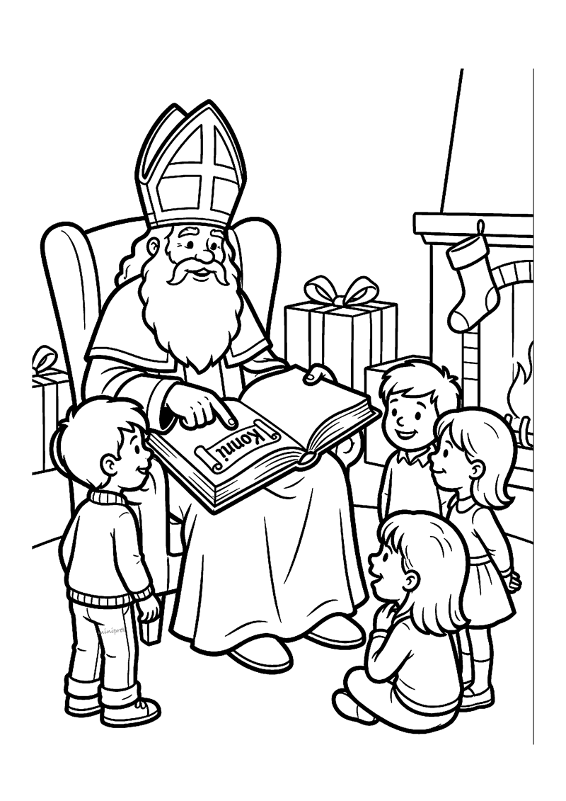 Kleurplaat van Sinterklaas in een leunstoel die leest in een groot boek terwijl drie kinderen luisteren