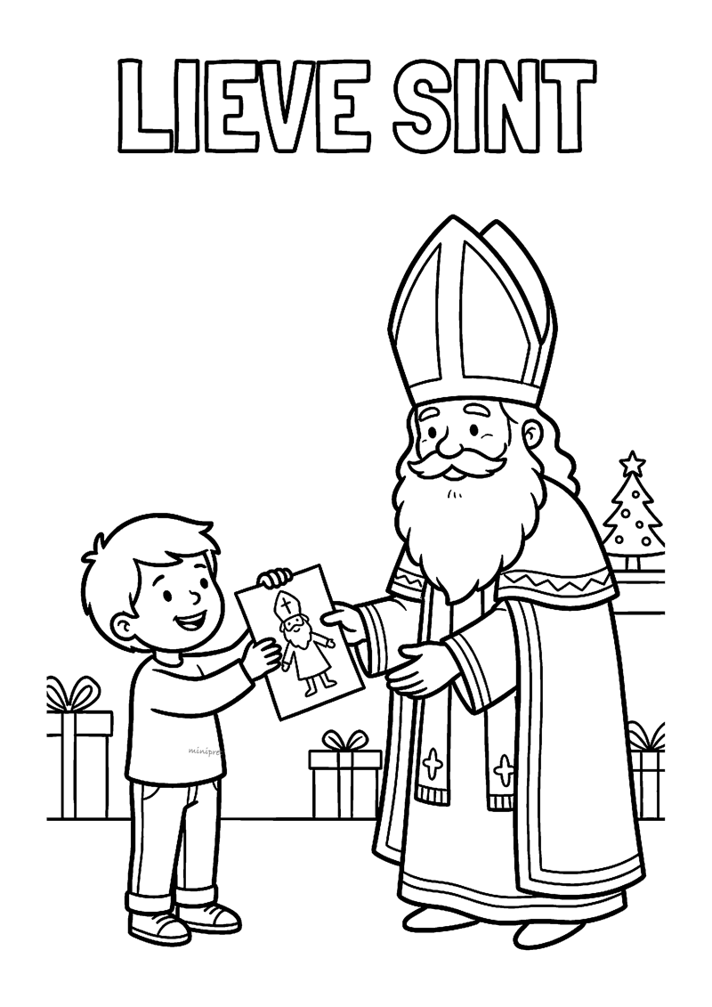 Kleurplaat van een kind dat een tekening van een poppetje aan Sint laat zien met cadeaus en kerstboom, titel LIEVE SINT