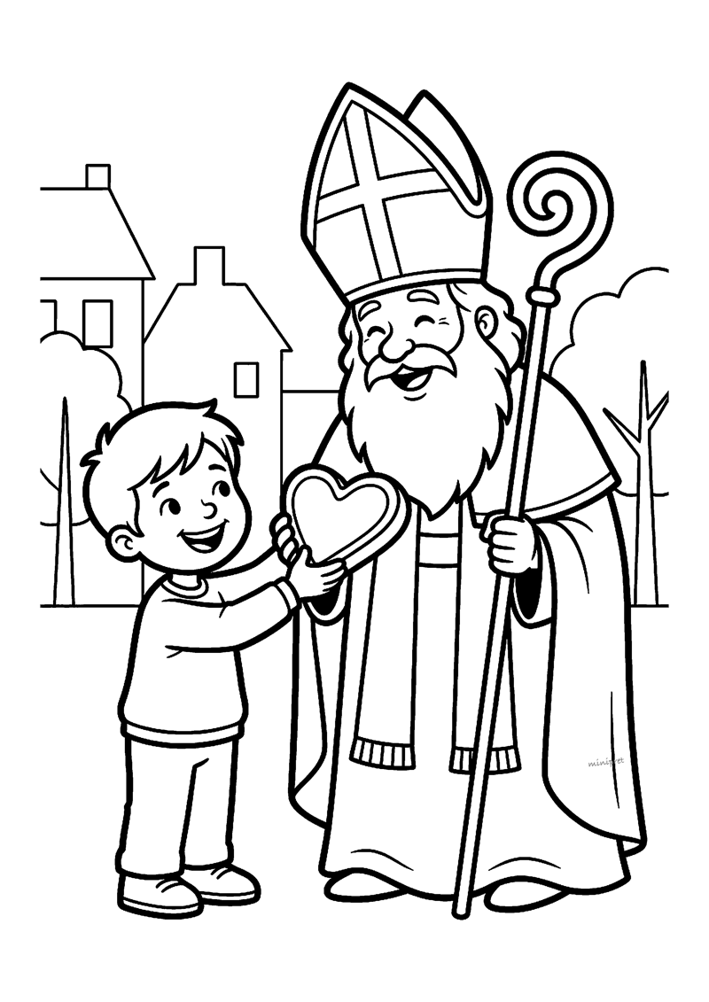 Kleurplaat van Sinterklaas die een groot marsepeinen hartje aan een lachend kind geeft, met huisjes op de achtergrond