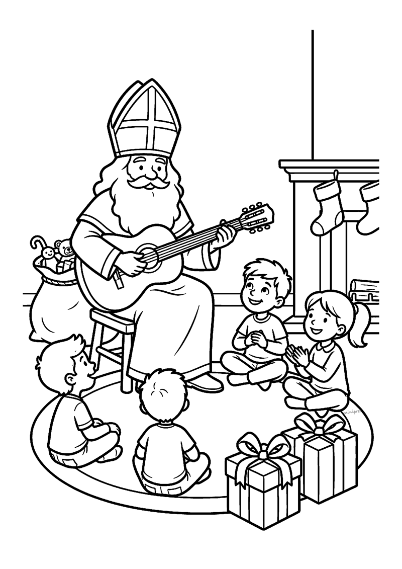 Kleurplaat van Sinterklaas die op een stoel zit en gitaar speelt voor drie kinderen die op een kleed zitten