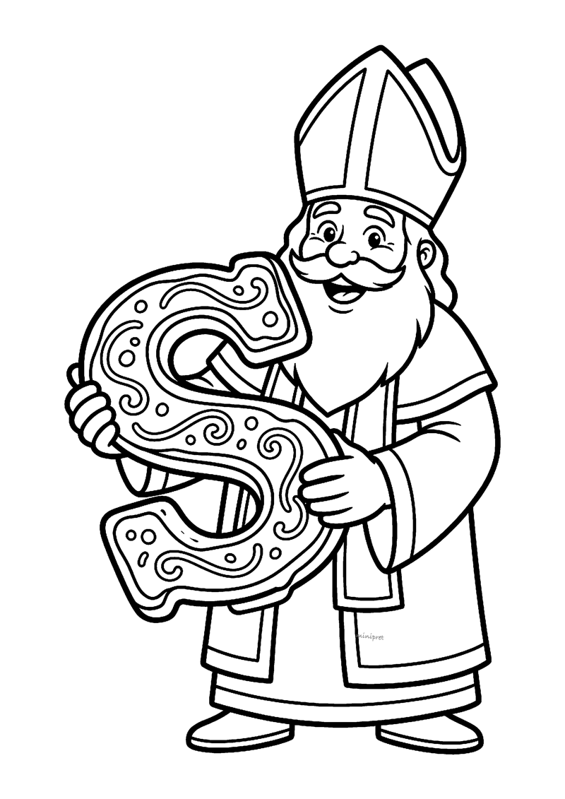 Sinterklaas houdt sierlijk versierde grote hoofdletter S vast in cartoonstijl.