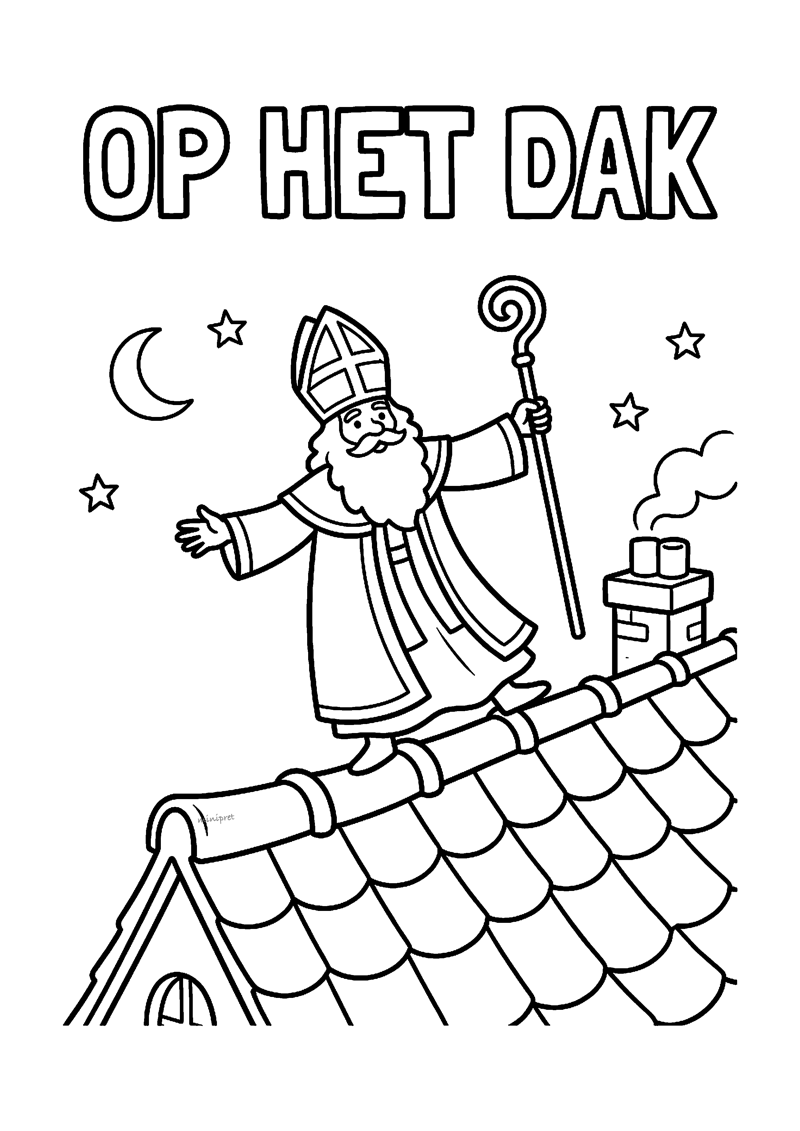 Sint op pannendak met staf naast schoorsteen onder maan en sterren, tekst OP HET DAK.