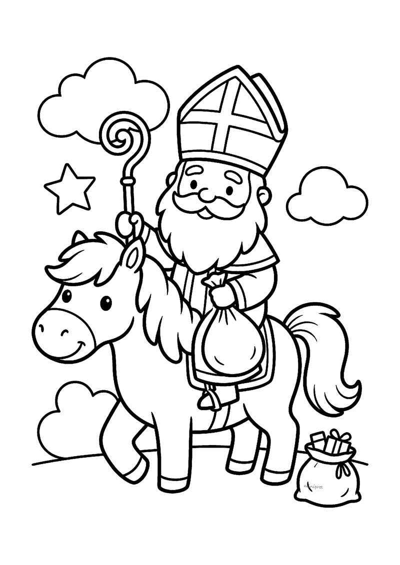 Sinterklaas in peuterstijl op klein vrolijk paardje met staf, ster en wolkjes.