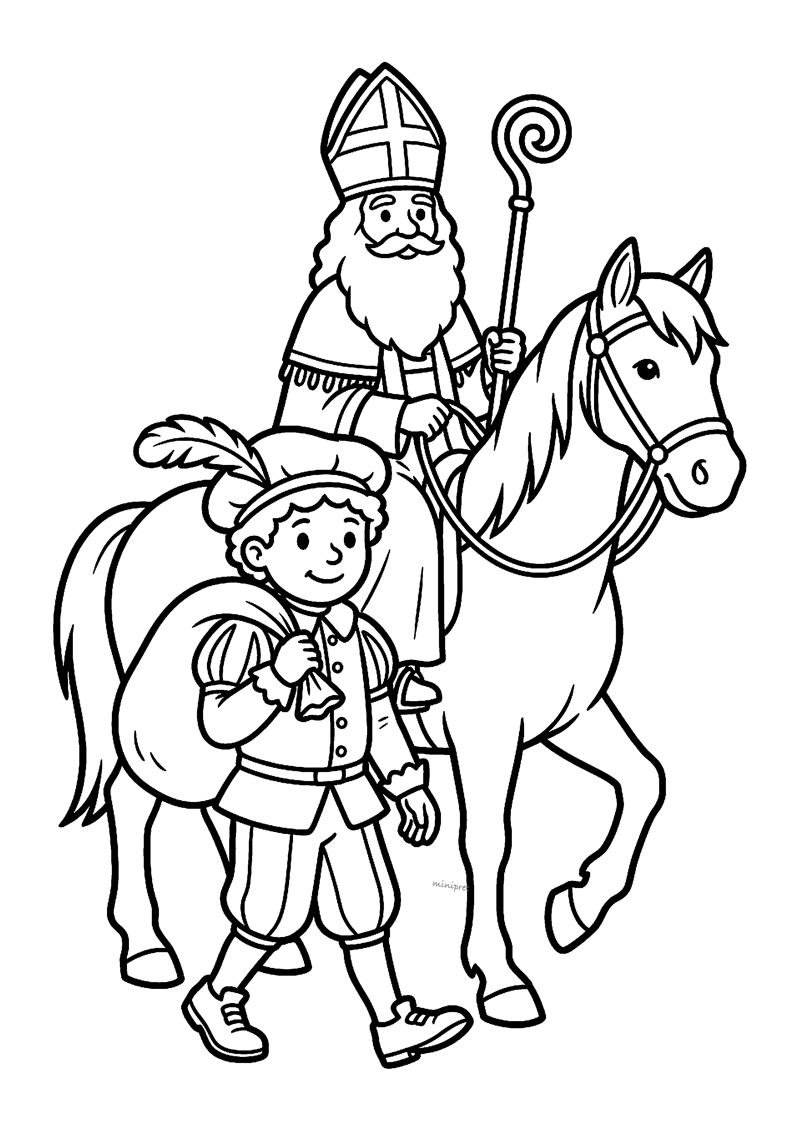 Sint op paard Ozosnel naast vrolijke Piet met veer en pak vol cadeautjes.