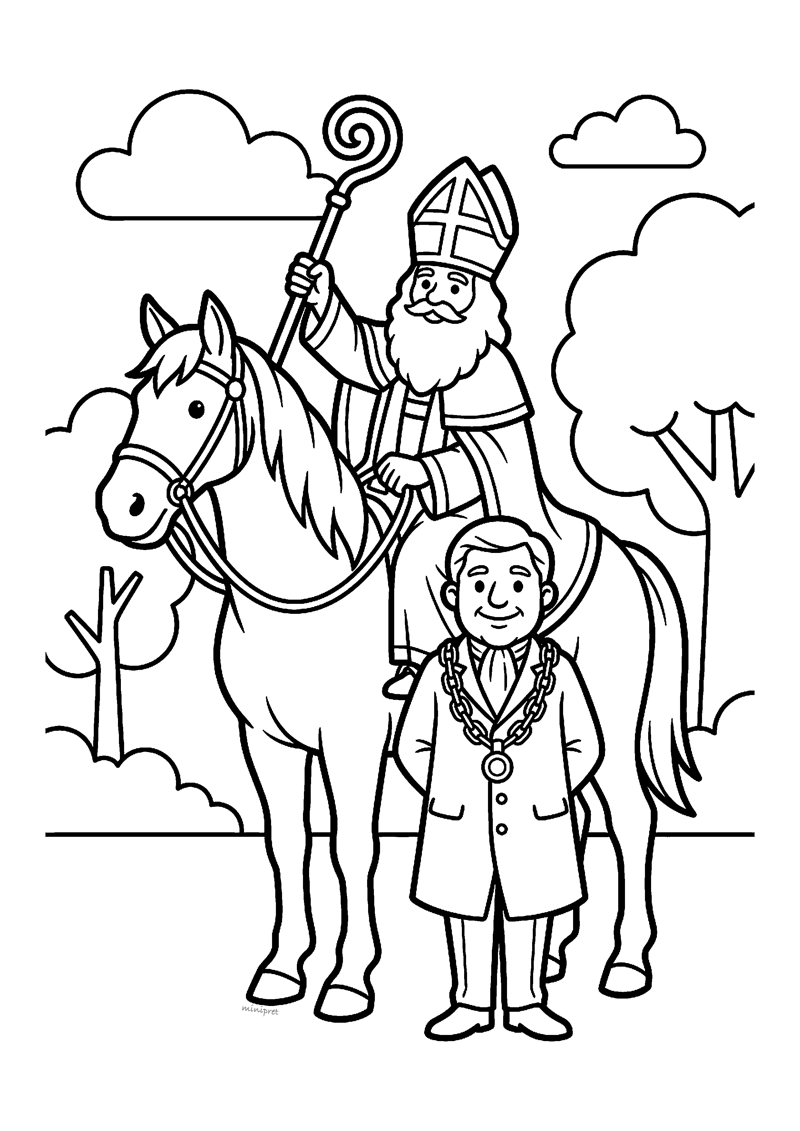 Sint op paard tilt mijter naar burgemeester met ambtsketen tussen bomen en wolkjes.