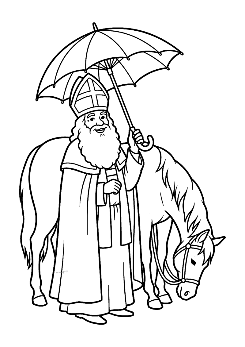 Sint houdt grote paraplu boven hoofd, paard graast eronder in dubbeltekening.