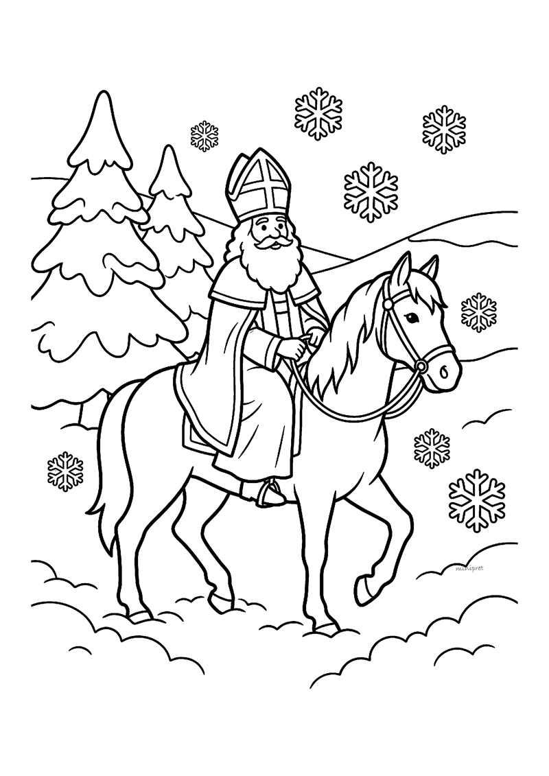 Sint op paard tussen besneeuwde dennen en grote sneeuwvlokken in winterlandschap.