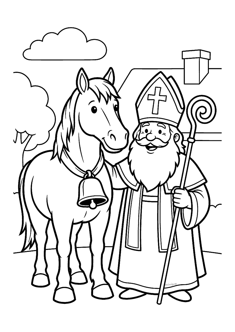 Vriendelijk paard met halsbel naast Sint die staf vasthoudt, schoorsteen op achtergrond.