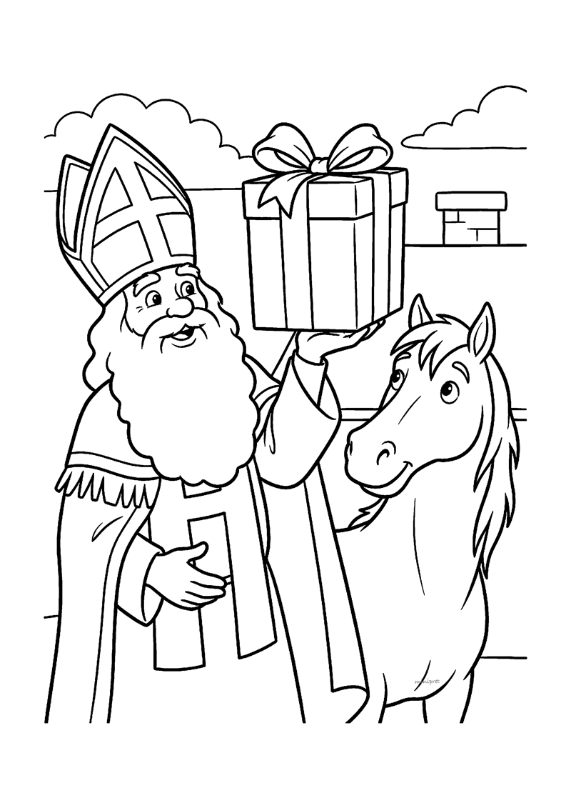 Sint tilt cadeau met grote strik naar paard dat nieuwsgierig snuffelt aan het pak.