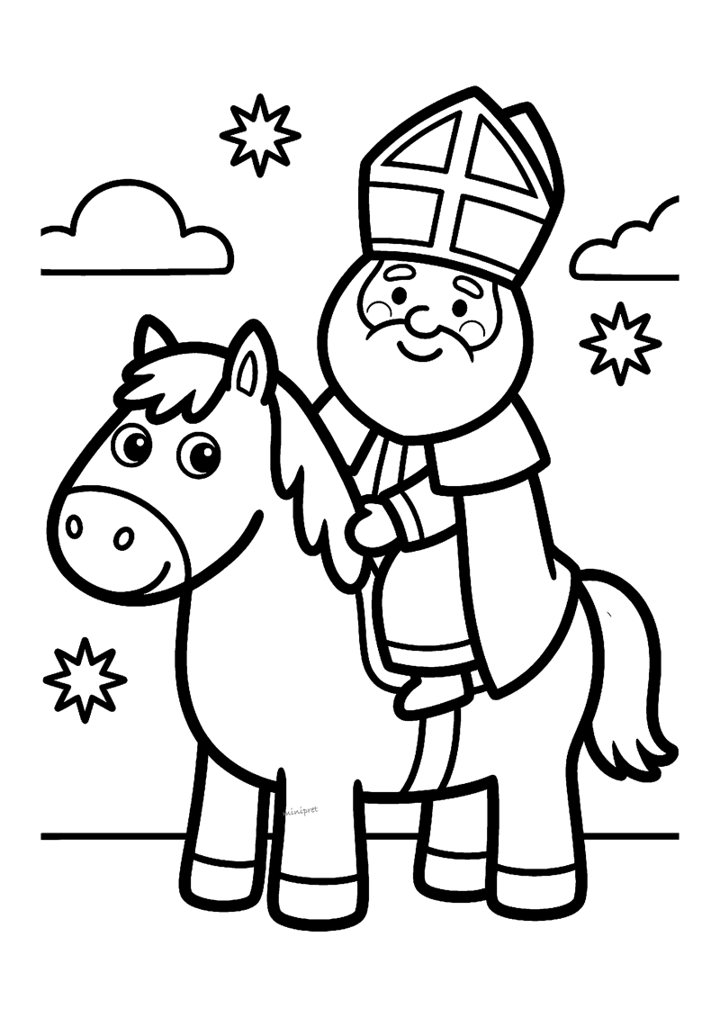 Lachende Sint zit op groot vriendelijk paard, omringd door dikke wolken en sterren.