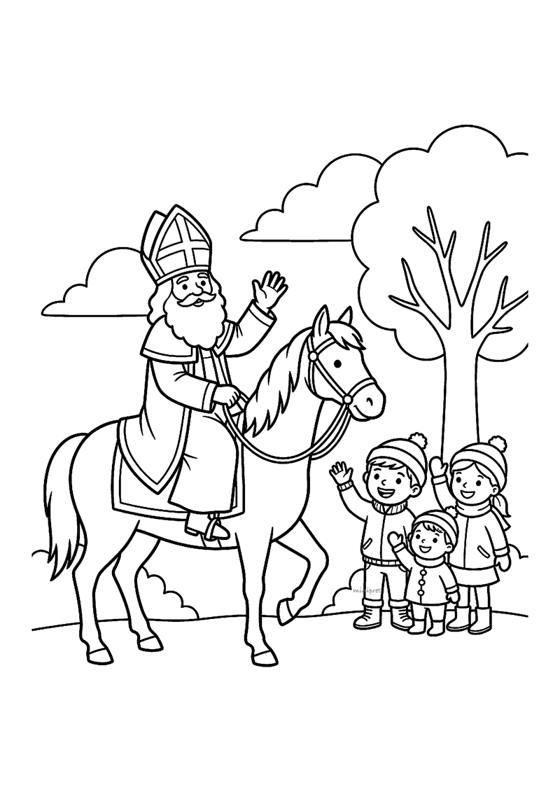 Sint te paard zwaait naar drie kinderen met mutsen onder boom met wolken.