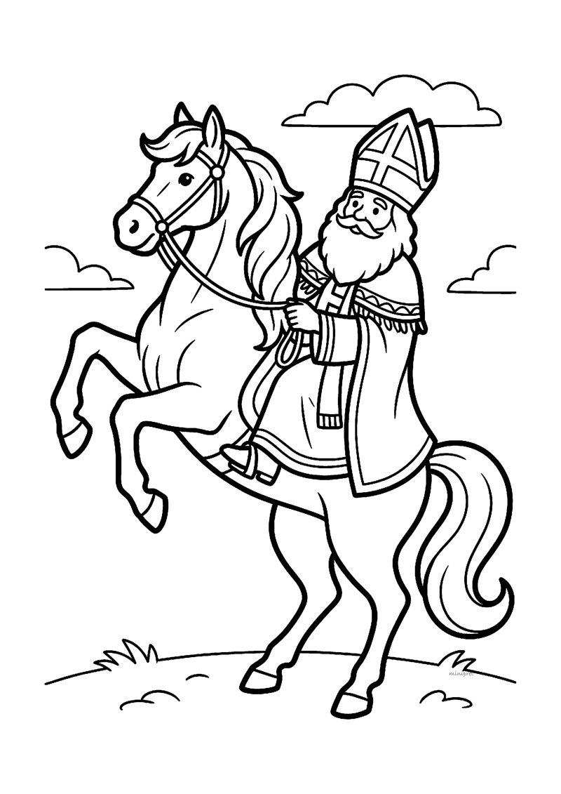 Sint zit op steigerend paard dat op achterbenen staat met manen wapperen.