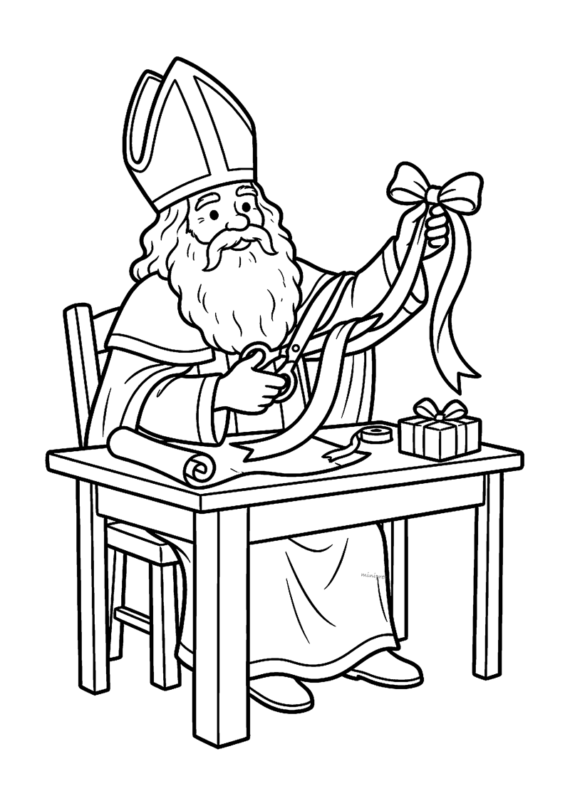 Sint zit aan tafel en strikt een lint om een pakje terwijl klein cadeautje wacht.