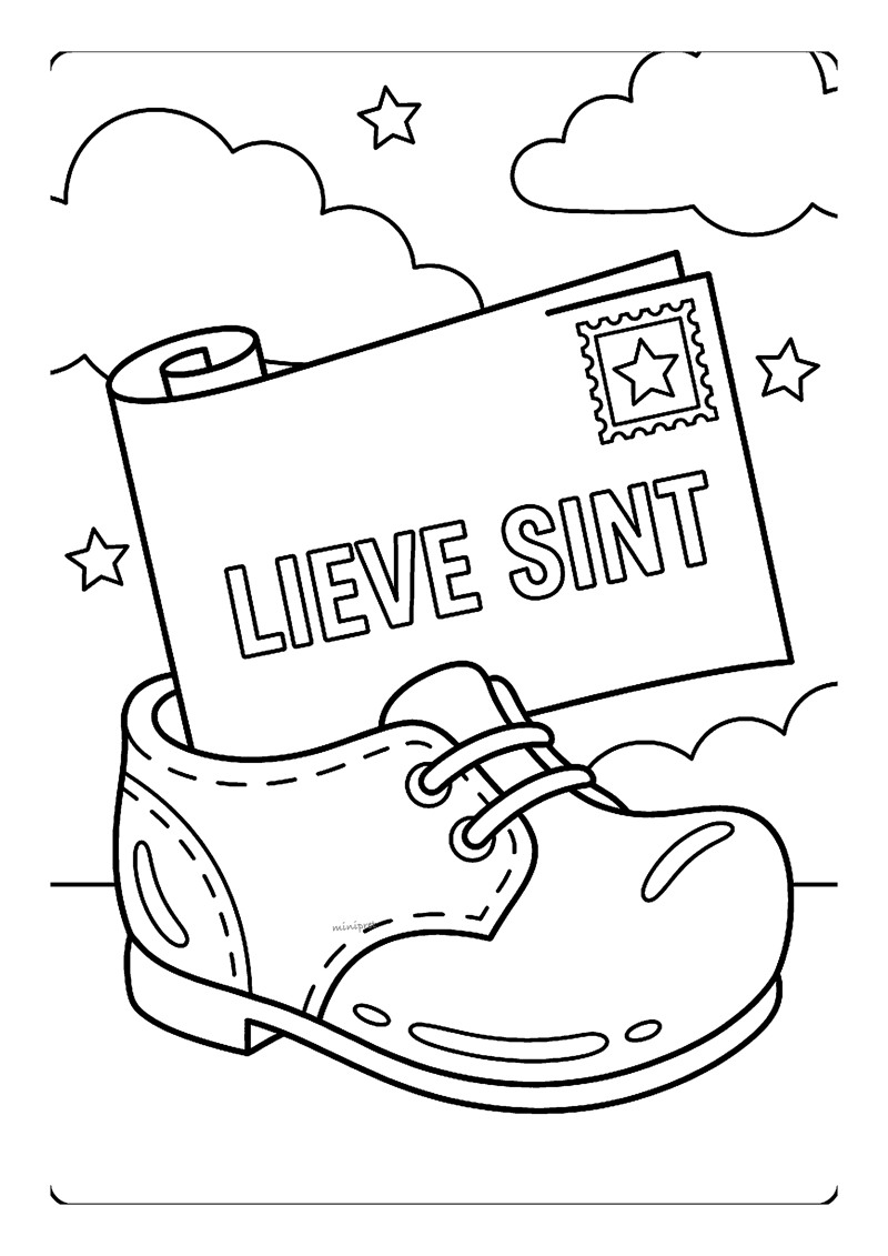 Brief met tekst LIEVE SINT en postzegel steekt uit grote schoen onder sterren.