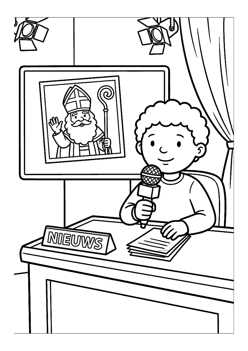 Kind als nieuwslezer met microfoon, Sint zwaait op tv-scherm achter de tafel.