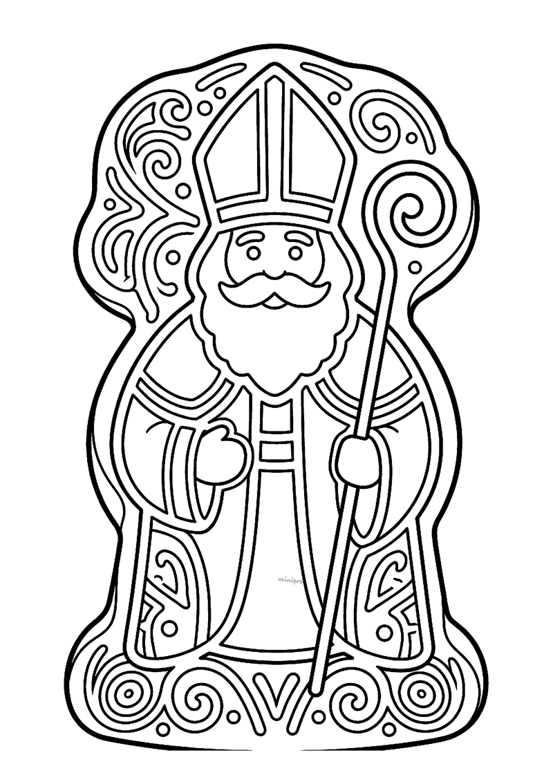 Speculaaspop in Sint-vorm met mijter, mantel met krullen en sierlijke randversiering.