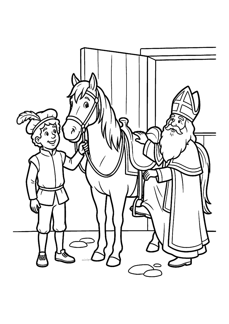 Piet houdt paard vast en Sint stapt erop in stal met deur en hooi op grond.