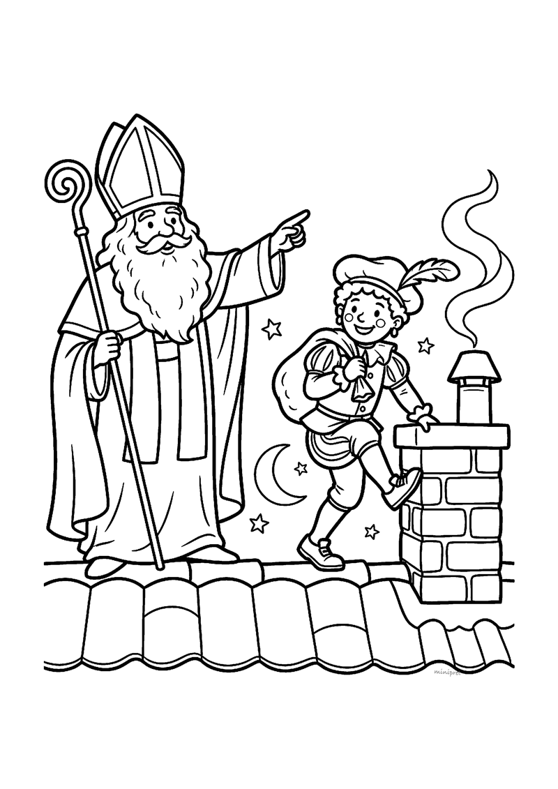 Sint wijst en Piet stapt op het dak met pakje richting rokende schoorsteen.