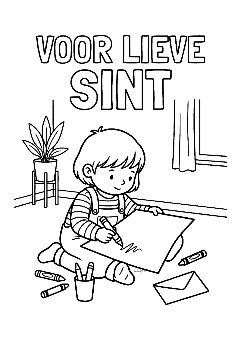 Jongen tekent op vel papier op grond met tekst VOOR LIEVE SINT en krijtjes.
